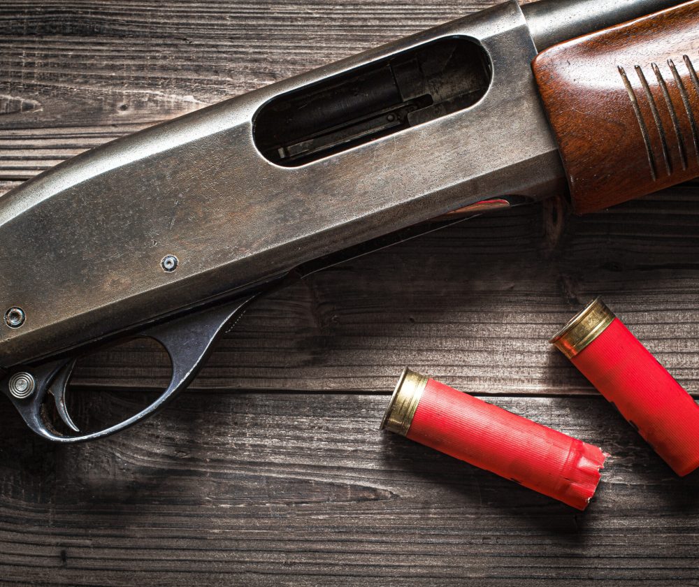 Shotgun 12 gauge pump action shotgun on wood detail and shells.